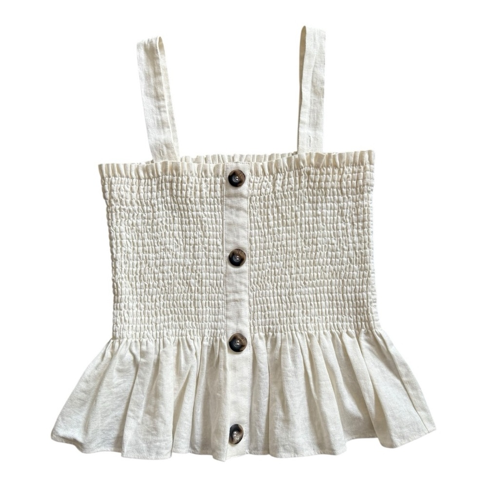 Socialite Cream Linen Peplum Button-Down Smocked Sleeveless Tank Top Size Medium - Picture 5 of 14